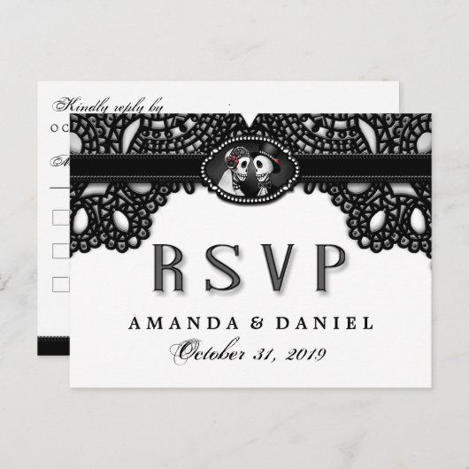 Black White Elegance Halloween Skeletons RSVP Uitnodiging Briefkaart (Voorkant / Achterkant)