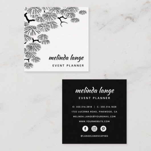 Black White Elegant Botanical Pine Branch Vierkante Visitekaartje (Voorkant / Achterkant)