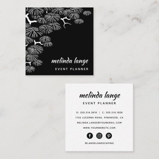 Black White Elegant Botanical Pine Branch Vierkante Visitekaartje (Voorkant / Achterkant)