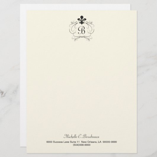 Black White Elegant Fleur de Lis Monogram Custom Briefhoofd (Voorkant / Achterkant)