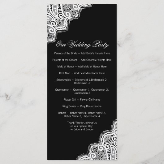 Black White Elegant Lace Vertical Wedding Programm Programmakaart (Achterkant)