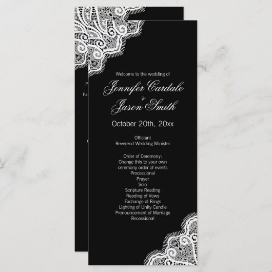 Black White Elegant Lace Vertical Wedding Programm Programmakaart (Voorkant / Achterkant)