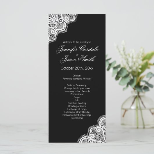 Black White Elegant Lace Vertical Wedding Programm Programmakaart (Staand voorkant)