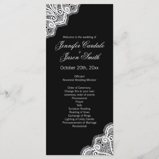 Black White Elegant Lace Vertical Wedding Programm Programmakaart (Voorkant)