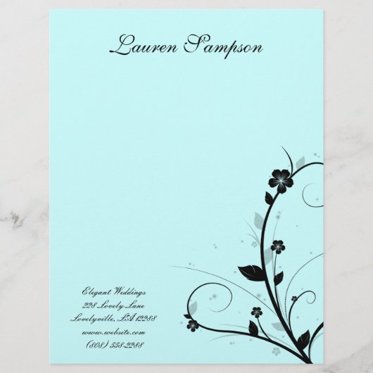Black White Elegant Letterhead Floral Wall Blue 2 Persoonlijk Briefhoofd (Voorkant)