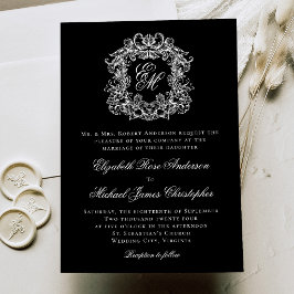 Black White Elegant Monogram Crest Wedding Kaart
