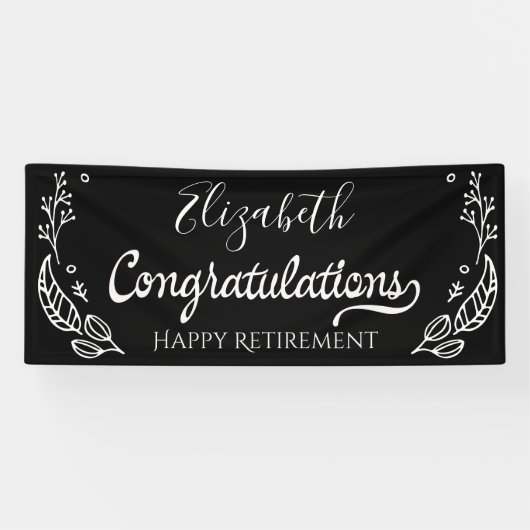 Black White Elegant Monogram Happy Retirement Spandoek (Horizontaal)