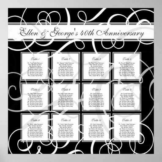 Black White Elegant Party 12 Table Seating Chart Poster (Voorkant)