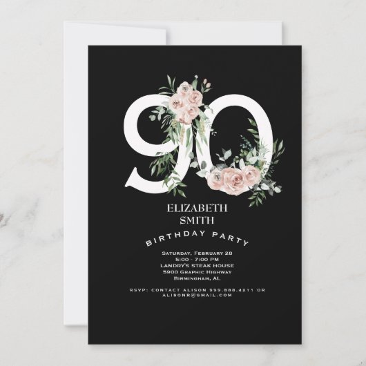 Black & White Elegant Pink Rose 90th Invitation Kaart (Voorkant)