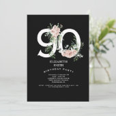 Black & White Elegant Pink Rose 90th Invitation Kaart (Staand voorkant)