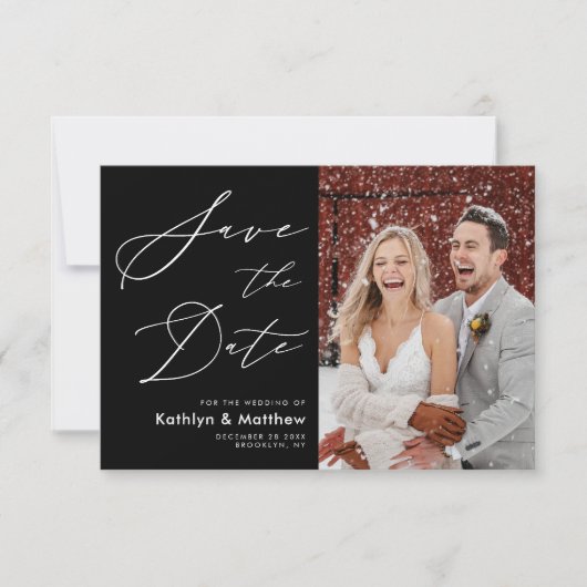 Black White Elegant Script Modern Photo Wedding Save The Date (Voorkant)