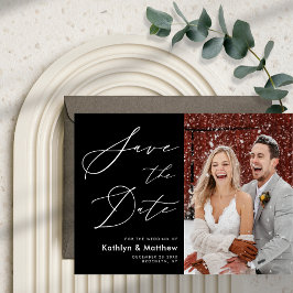 Black White Elegant Script Modern Photo Wedding Save The Date