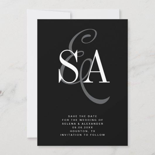 Black White Elegant Script Monogram Wedding Save The Date (Voorkant)