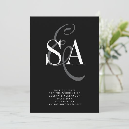 Black White Elegant Script Monogram Wedding Save The Date (Staand voorkant)