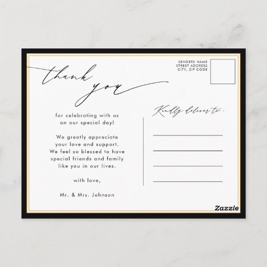 Black White Elegant Script Weddenschap Bedankt Briefkaart (Achterkant)