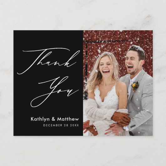 Black White Elegant Script Weddenschap Bedankt Briefkaart (Voorkant)