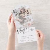 Black & White Elegant Swirls Photo Weddenschap All In One Uitnodiging (Afscheurbaar)