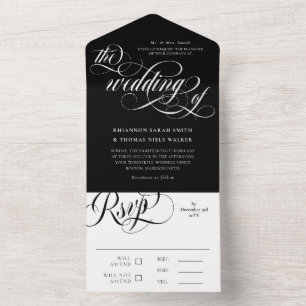 Black White Elegant Swirls Wedding All In One Uitnodiging