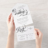 Black & White Elegant Swirls Wedding All In One Uitnodiging (Afscheurbaar)