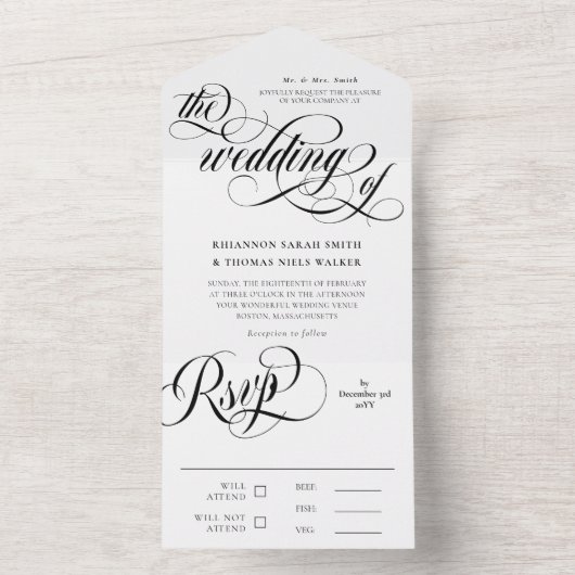 Black & White Elegant Swirls Wedding All In One Uitnodiging (Binnen)