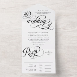 Black & White Elegant Swirls Wedding All In One Uitnodiging