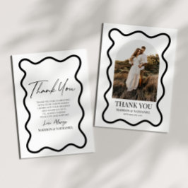 Black White Elegant Wavy Border Photo Wedding Bedankkaart