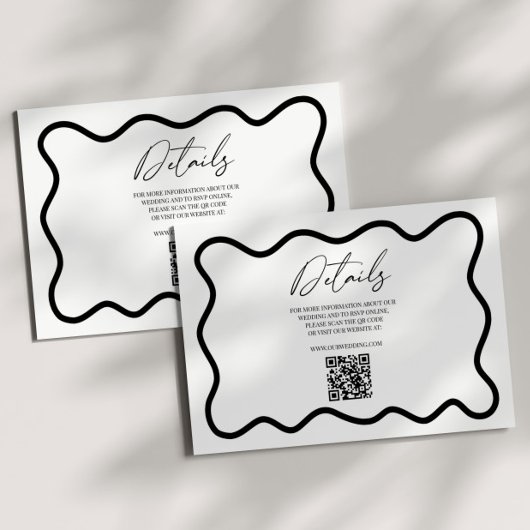 Black White Elegant Wavy Border Wedding Details Informatiekaartje