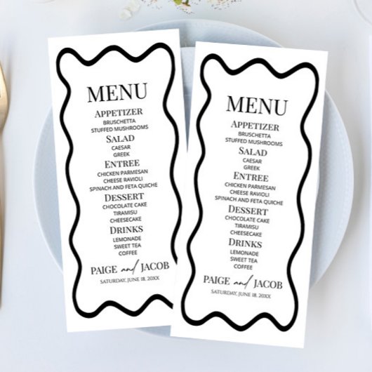 Black White Elegant Wavy Border Wedding Food Menu