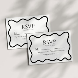 Black White Elegant Wavy Border Wedding RSVP Card Kaartje