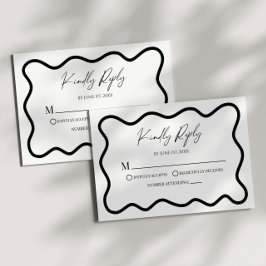 Black White Elegant Wavy Border Wedding RSVP Card Kaartje
