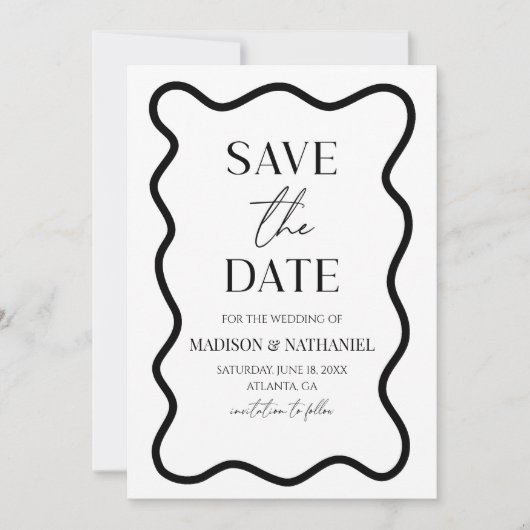 Black White Elegant Wavy Border Wedding Save The Date (Voorkant)