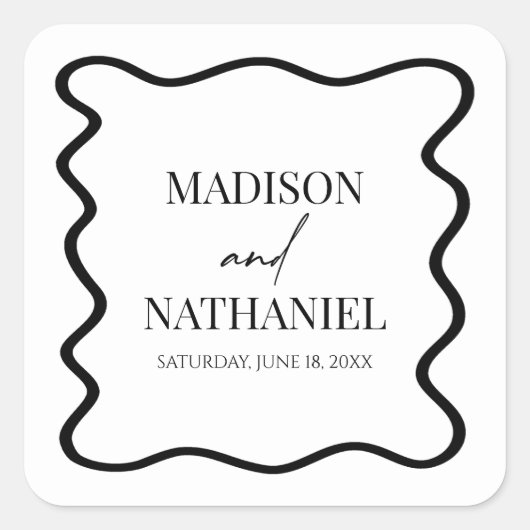 Black White Elegant Wavy Border Wedding Vierkante Sticker (Voorkant)
