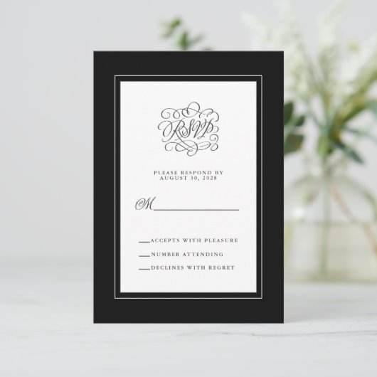 Black White Elegant Wedding Reply Enclosure Chic RSVP Kaartje (Staand voorkant)