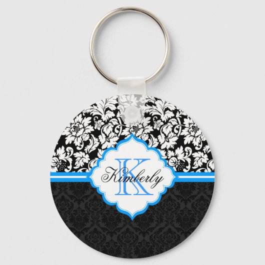 Black White en Blue Floral Damaskers Sleutelhanger (Voorkant)