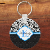 Black White en Blue Floral Damaskers Sleutelhanger (Voorkant)