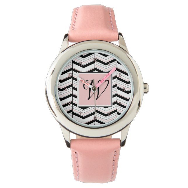 Black White en Blush Chevron Watch Horloge (Voorkant)