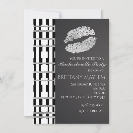 Black White en Faux Silver Beauty Lips Kiss Party Kaart (Voorkant)