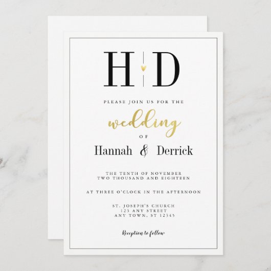 Black White en Gold Classic Monogram Weddenschap Kaart (Voorkant / Achterkant)