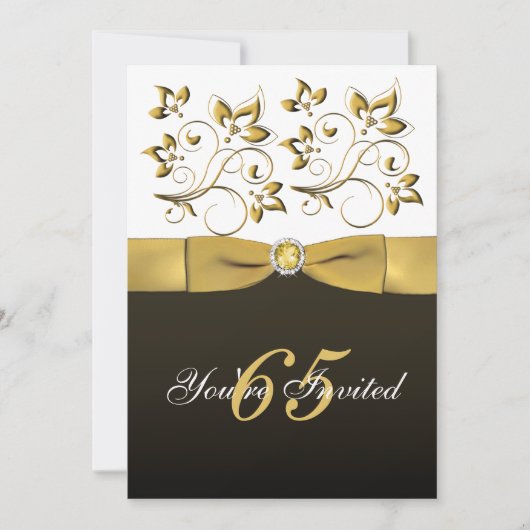 Black, White en Gold Floral 65th Birthday Invite Kaart (Voorkant)