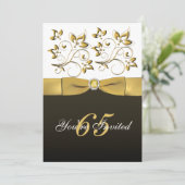 Black, White en Gold Floral 65th Birthday Invite Kaart (Staand voorkant)