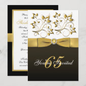 Black, White en Gold Floral 65th Birthday Invite Kaart (Voorkant / Achterkant)