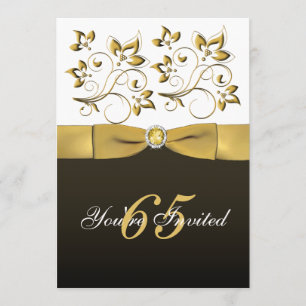 Black, White en Gold Floral 65th Birthday Invite Kaart