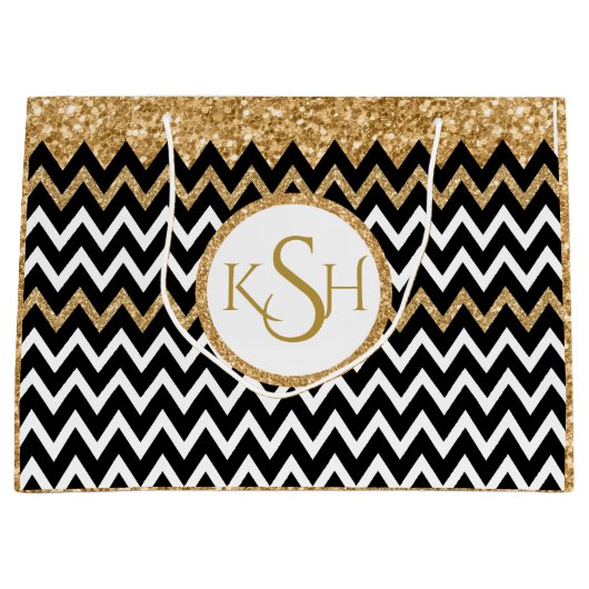 Black White en Gold Glitter Chevron Pattern Large Cadeautasje (Voorkant)
