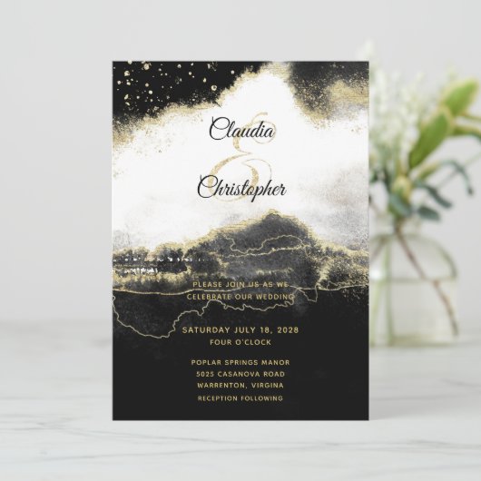 Black White en Gold Modern Elegant Wedding Kaart (Staand voorkant)