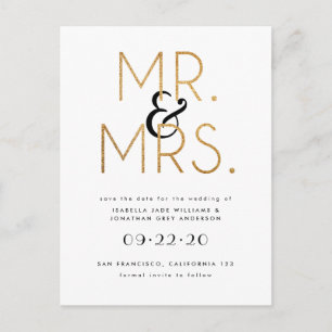 Black, White en Gold Mr & Mrs Save the Date Aankondigingskaart
