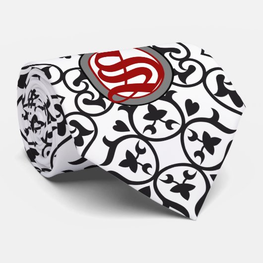 Black White en Red Heart Damask Stropdas (Opgerold)