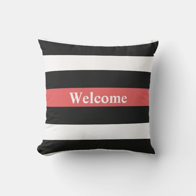 Black White en Red Striped Welcome Outdoor Pillow Buitenkussen (Voorkant)