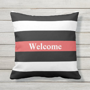 Black White en Red Striped Welcome Outdoor Pillow Buitenkussen