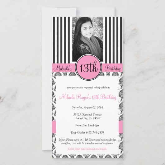 Black, White en Roze Stripe Invite (Voorkant)