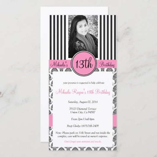 Black, White en Roze Stripe Invite (Voorkant / Achterkant)